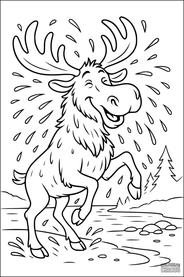 Coloring page of a happy moose splashing in a woodland stream with trees and water drops
