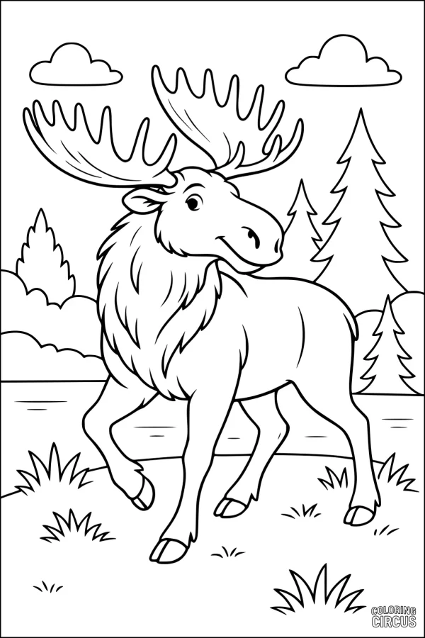 Coloring page featuring a happy moose beside a lake, with trees, grass, and clouds