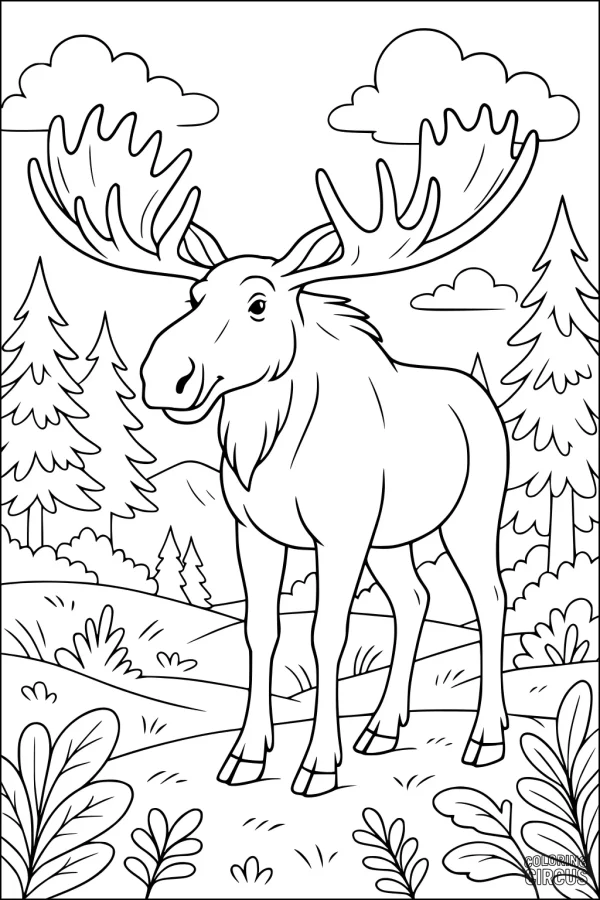 Coloring page featuring a moose standing in a forest meadow with trees, clouds, and plants