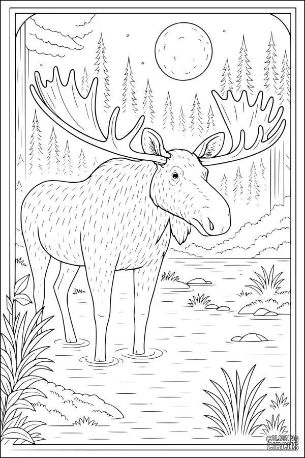 Coloring page moose standing in pond with pine trees and full moon background