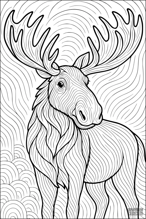 Coloring page of a moose with detailed swirling background and patterned fur for kids and adults