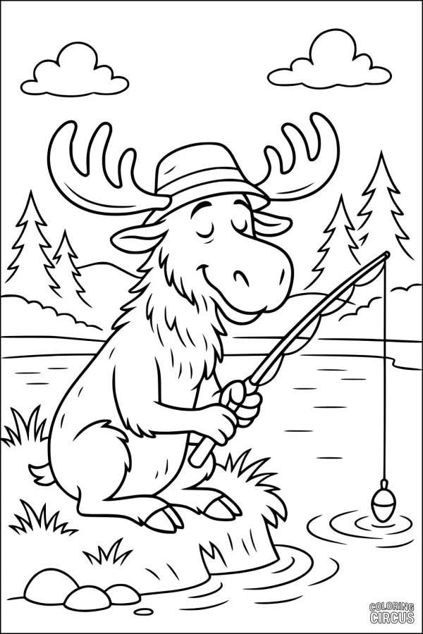 Coloring page of a cartoon moose fishing at a lakeside in the forest