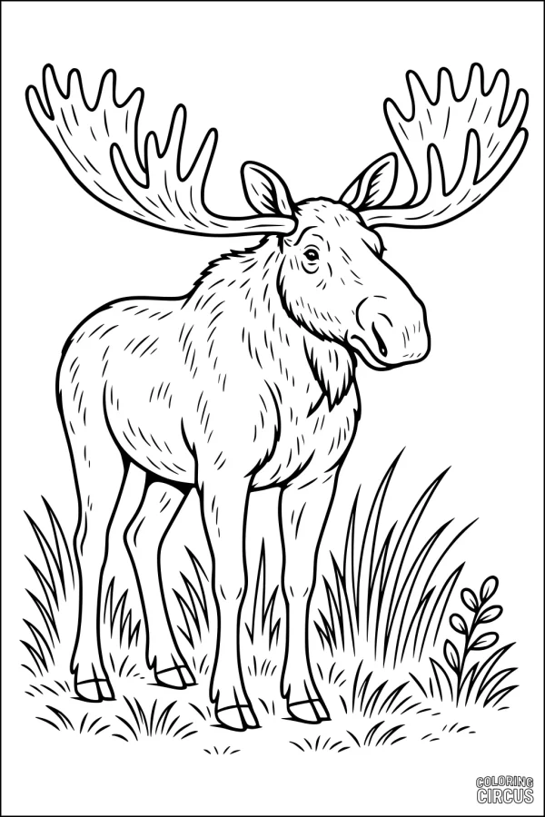 Coloring page of a moose with large antlers standing in grass, suitable for the elk or moose category