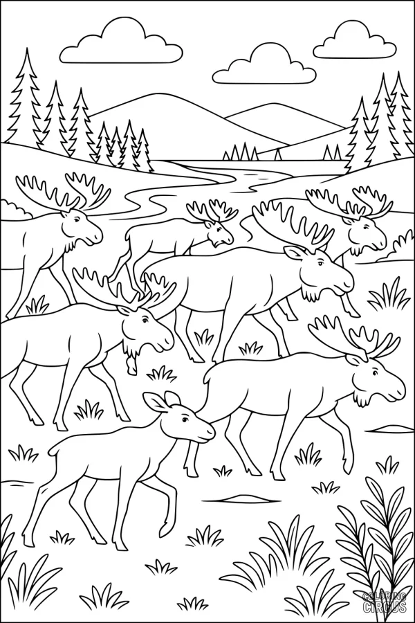Coloring page featuring a herd of moose in a grassy meadow with mountains, trees, and a river in the background.