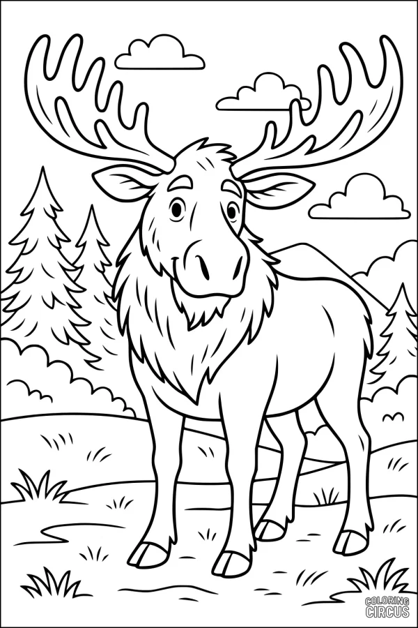 Coloring page of a cartoon moose standing in a meadow with pine trees and clouds in the background