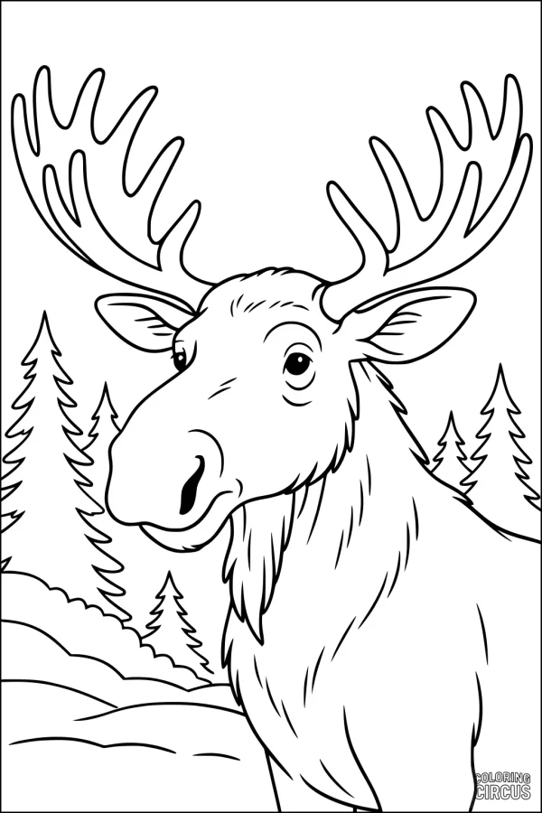 Coloring page of a moose in a forest with pine trees and snow