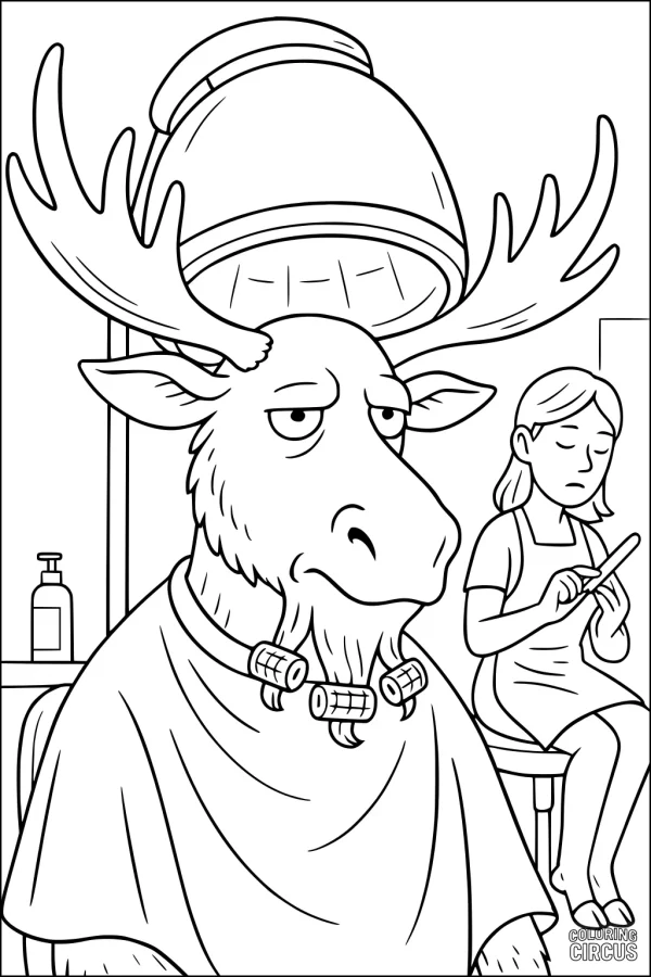 Coloring page of a moose with curlers at a hair salon
