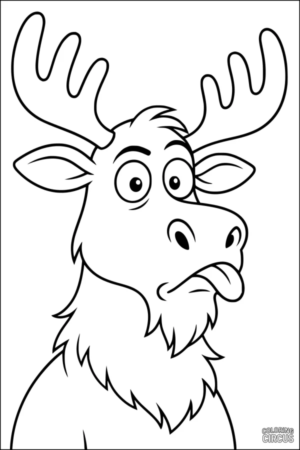 Coloring page of a cartoon moose making a silly face