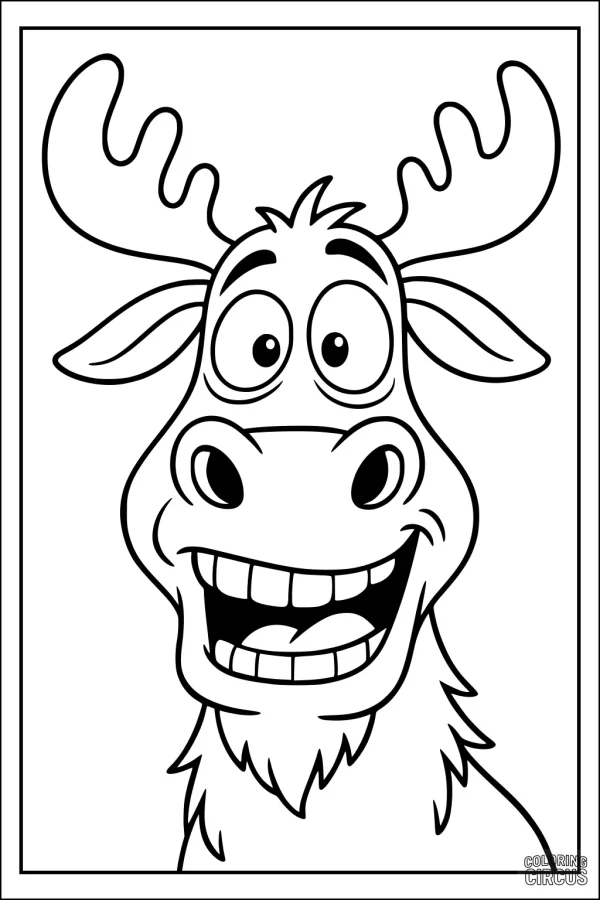 Coloring page of a friendly cartoon moose with large antlers and a big smile