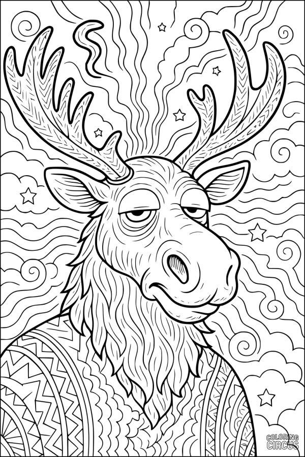 Coloring page of a relaxed moose wearing a patterned sweater, surrounded by stars and swirling clouds