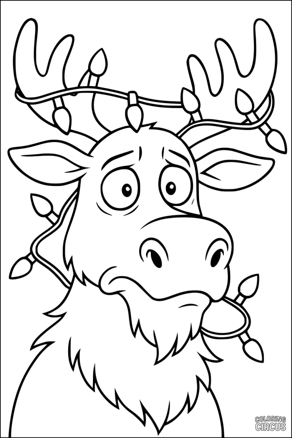 Coloring page moose with tangled holiday lights around antlers