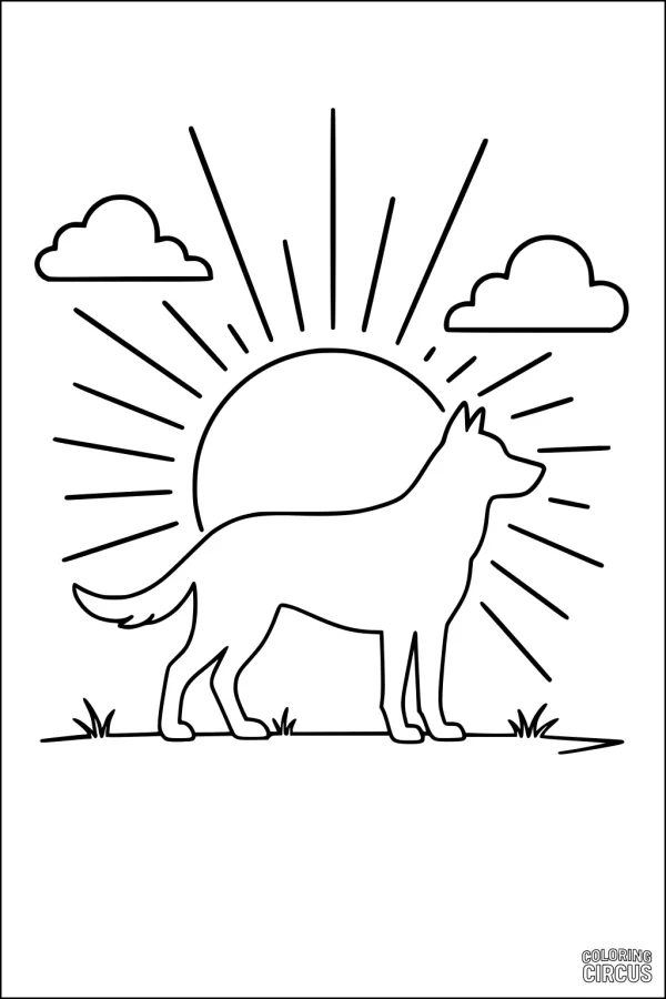 Coloring page of a dog standing with sunrise, clouds, and grass in the background