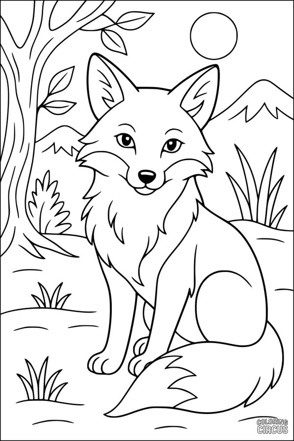 Coloring page featuring a cute fox sitting in a meadow with a tree, mountains, and sun in the background
