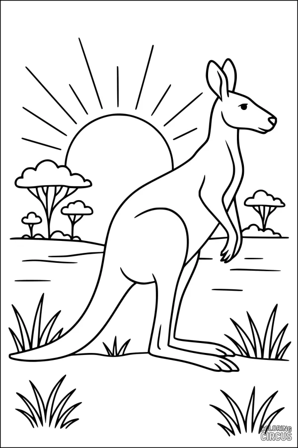 Coloring page featuring a standing kangaroo with sunrise, grassy field, and trees in the background