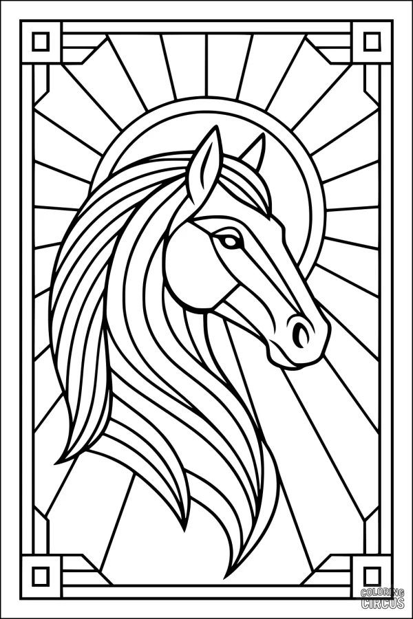 Coloring page of a horse with flowing mane and a radiant sunburst background in a geometric frame