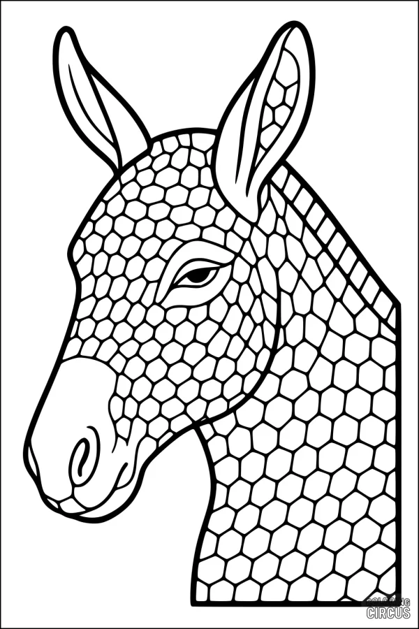 Coloring page of a donkey with geometric mosaic patterns on its body