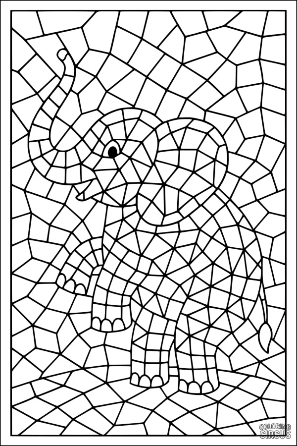 Coloring page of a mosaic-style elephant with geometric patterns