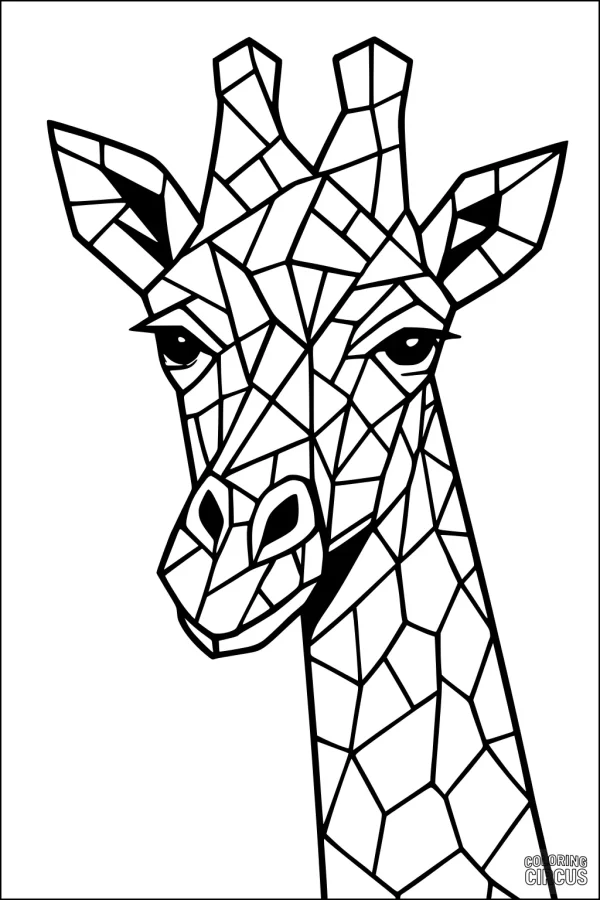 Coloring page of a geometric mosaic giraffe head for kids