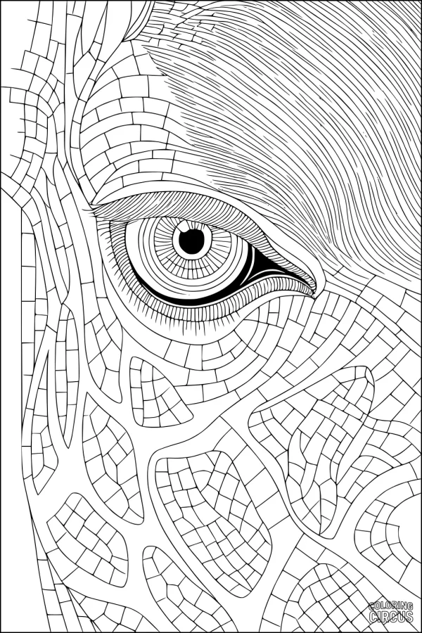 Coloring page close-up of a giraffe's eye with intricate mosaic patterns on the face
