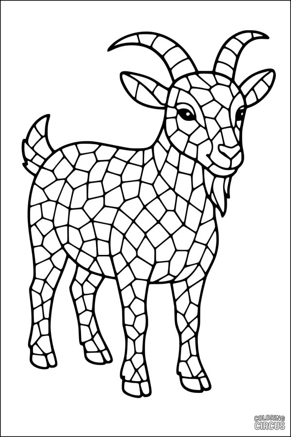 Coloring page of a standing goat with mosaic-style patterns in its fur.