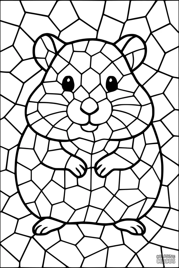 Coloring page of a cute hamster with a mosaic patterned background, suitable for kids ages 5-8