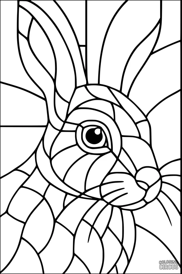 Coloring page of a mosaic-style hare with large ears and geometric shapes