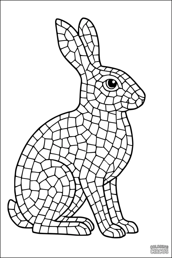 Coloring page featuring a mosaic-style hare sitting upright