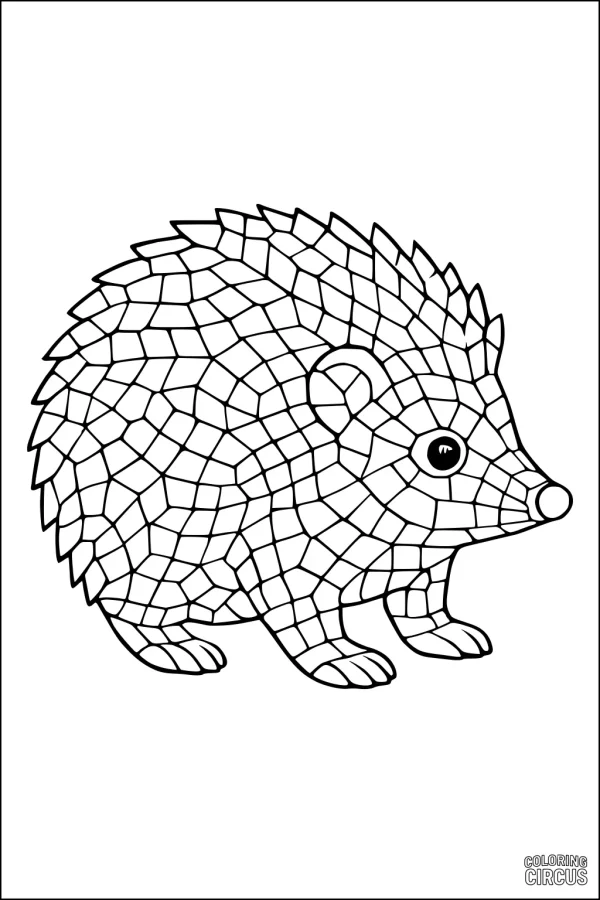 Coloring page featuring a mosaic-style hedgehog with geometric patches
