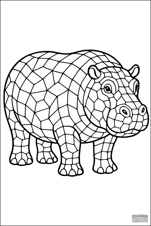 Coloring page featuring a mosaic-patterned hippopotamus for kids and adults