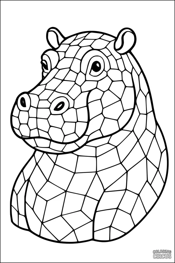 Coloring page featuring a mosaic-style hippopotamus for children