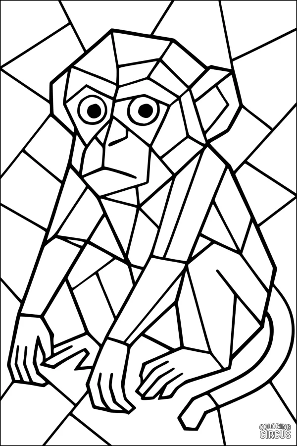 Coloring page featuring a stylized geometric monkey with mosaic background for children