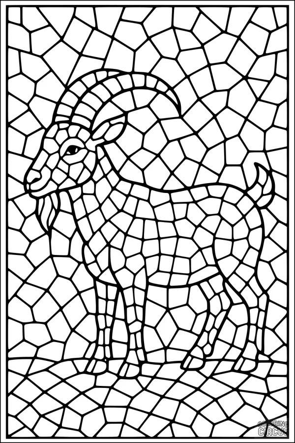Coloring page of a mountain goat mosaic design with geometric background