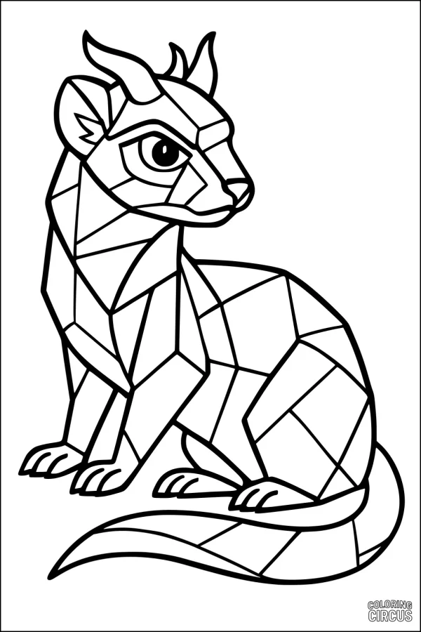 Coloring page featuring a geometric mosaic ferret with fantasy elements