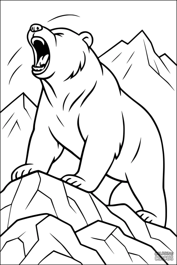 Coloring page of a roaring bear standing on rocks with mountains in background