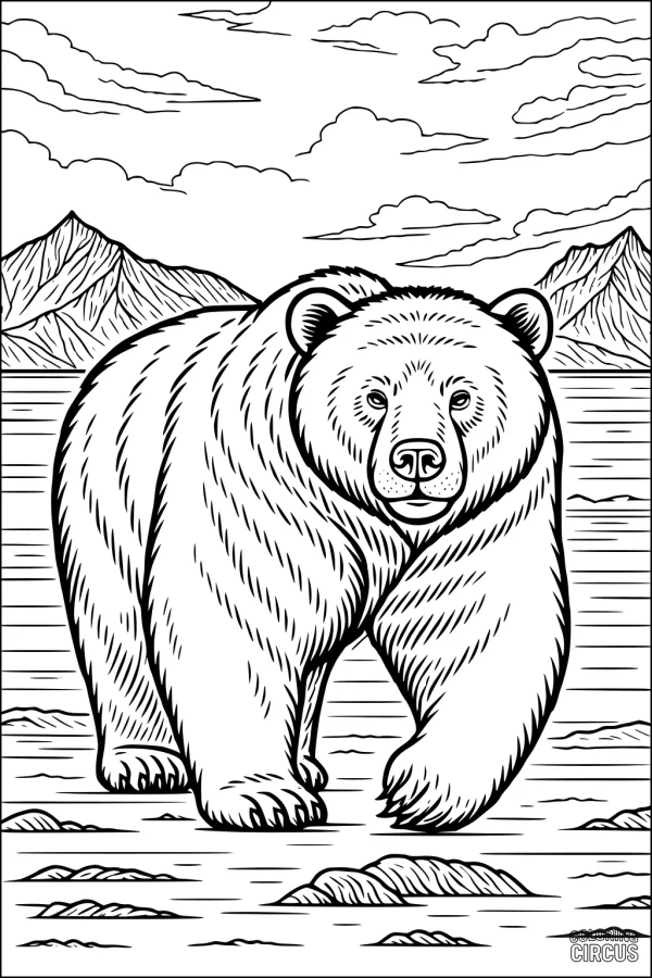 Coloring page of a bear standing beside a mountain lake with mountains and clouds in the background