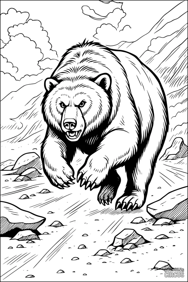 Coloring page featuring a realistic bear walking through a rocky mountain landscape with clouds and stones.