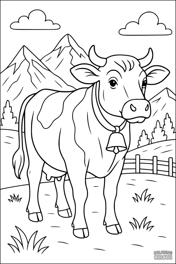 Coloring page showing a cow with a bell in a mountain landscape with grass, fence, and clouds