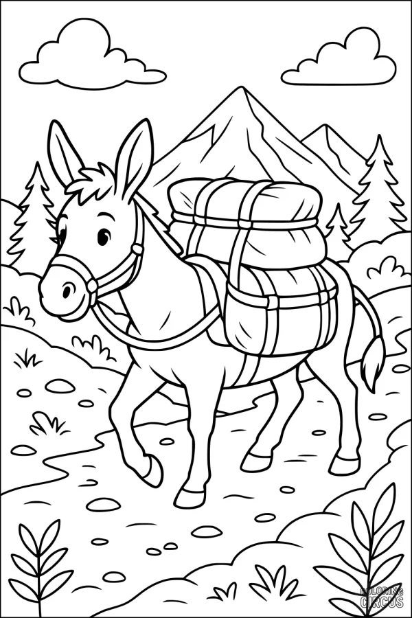Coloring page featuring a cute donkey carrying packs on a mountain path with trees, rocks, and clouds in the background.