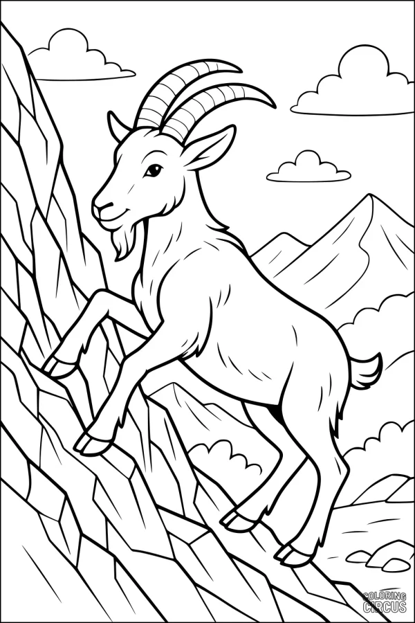 Coloring page mountain goat climbing rocky hill with mountains and clouds