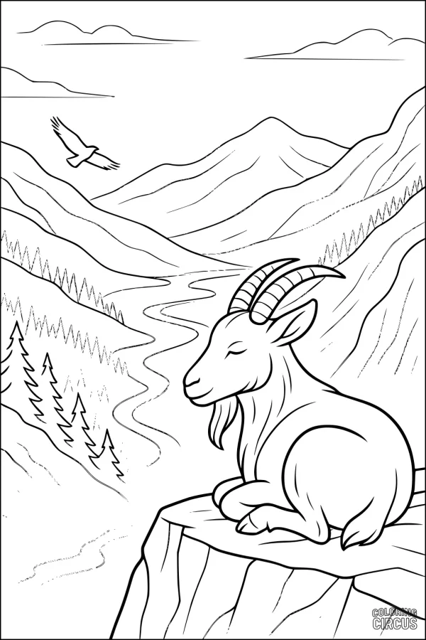 Coloring page of a goat relaxing on a mountain cliff with pine trees, winding river, and distant mountains