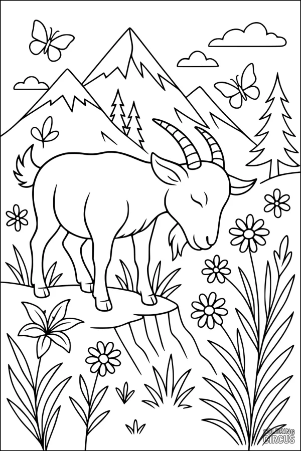 Coloring page of a goat standing in a mountain meadow with flowers, butterflies, pine trees, and mountain peaks.