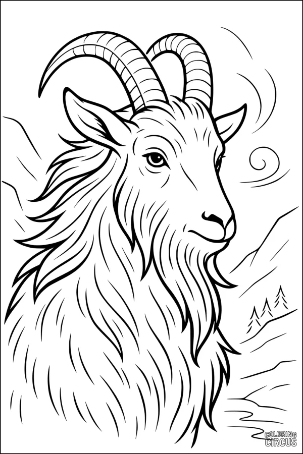 Coloring page goat with curved horns in mountain landscape