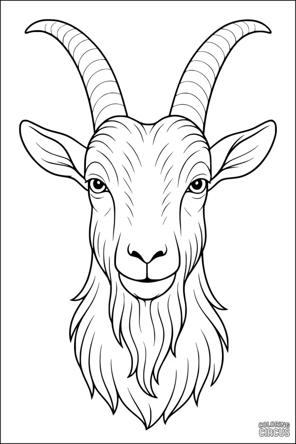 Coloring page of a detailed goat face with long curved horns and expressive features