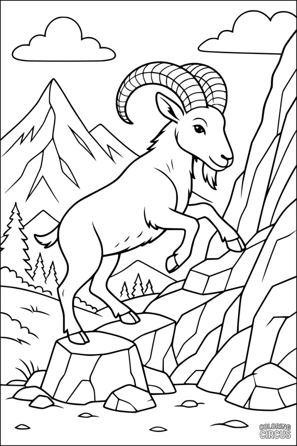 Coloring page of a mountain goat climbing rocks with mountains, clouds, and trees in background