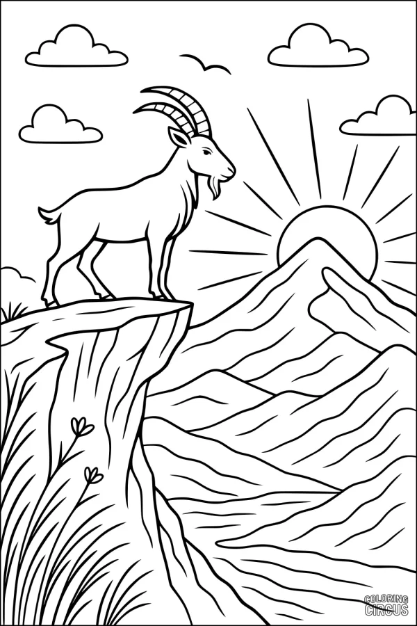 Coloring page featuring a mountain goat standing on a cliff with sunrise, mountains, and clouds in the background