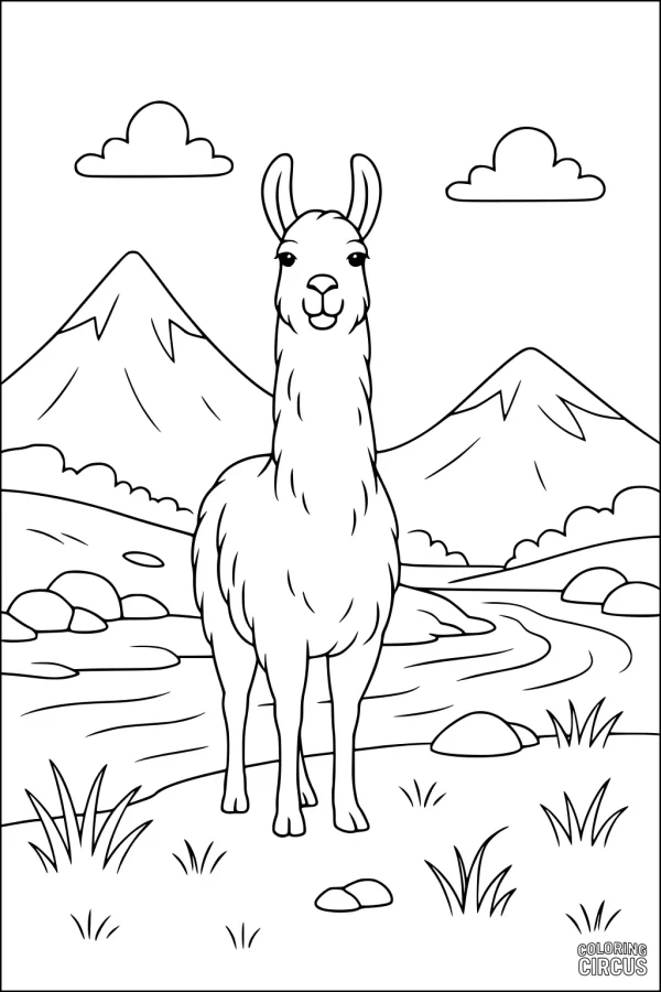 Coloring page showing a llama standing near a stream with mountains and clouds in the background