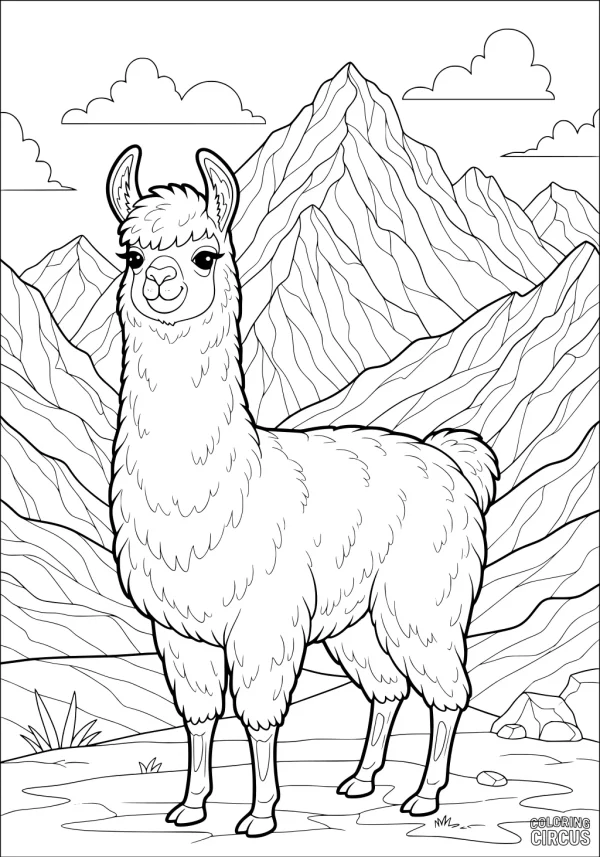Coloring page showing a fluffy llama standing in front of tall mountain peaks with clouds in the sky