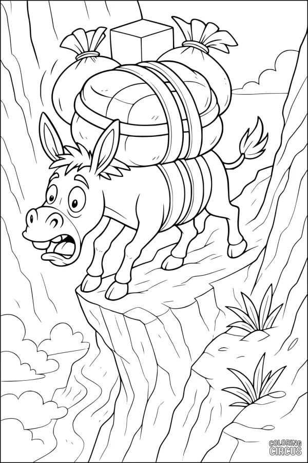 Coloring page showing a cartoon donkey carrying bundles while walking along a rocky mountain path
