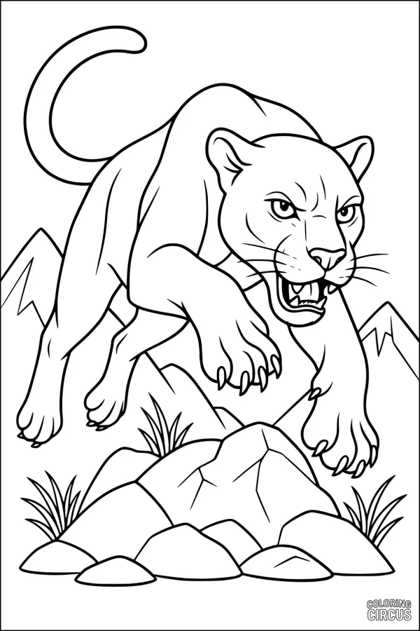 Coloring page with a panther leaping over rocks in front of mountain scenery, for kids