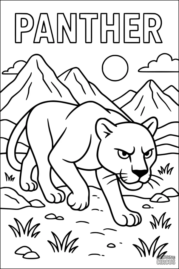 Coloring page of a panther walking in a mountain landscape with sun and rocks